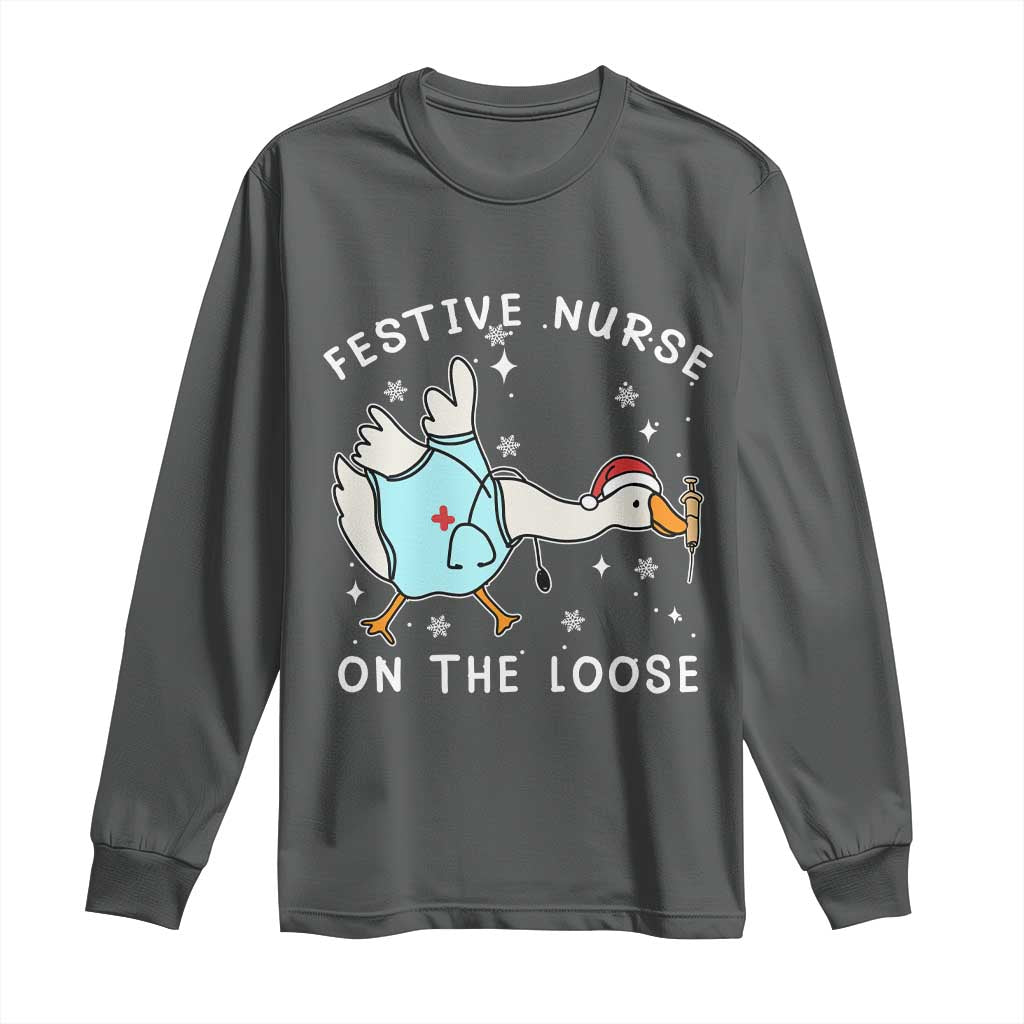 Funny ER Nurse Goose Christmas Long Sleeve Shirt Festive Nurses On The Loose TS14 Dark Heather Print Your Wear