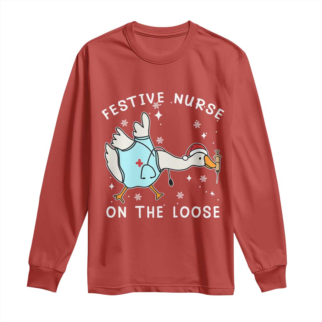 Funny ER Nurse Goose Christmas Long Sleeve Shirt Festive Nurses On The Loose TS14 Red Print Your Wear
