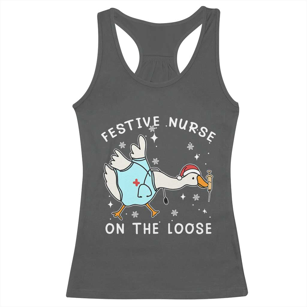 Funny ER Nurse Goose Christmas Racerback Tank Top Festive Nurses On The Loose TS14 Dark Heather Print Your Wear