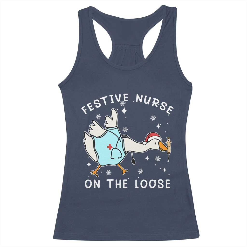 Funny ER Nurse Goose Christmas Racerback Tank Top Festive Nurses On The Loose TS14 Navy Print Your Wear
