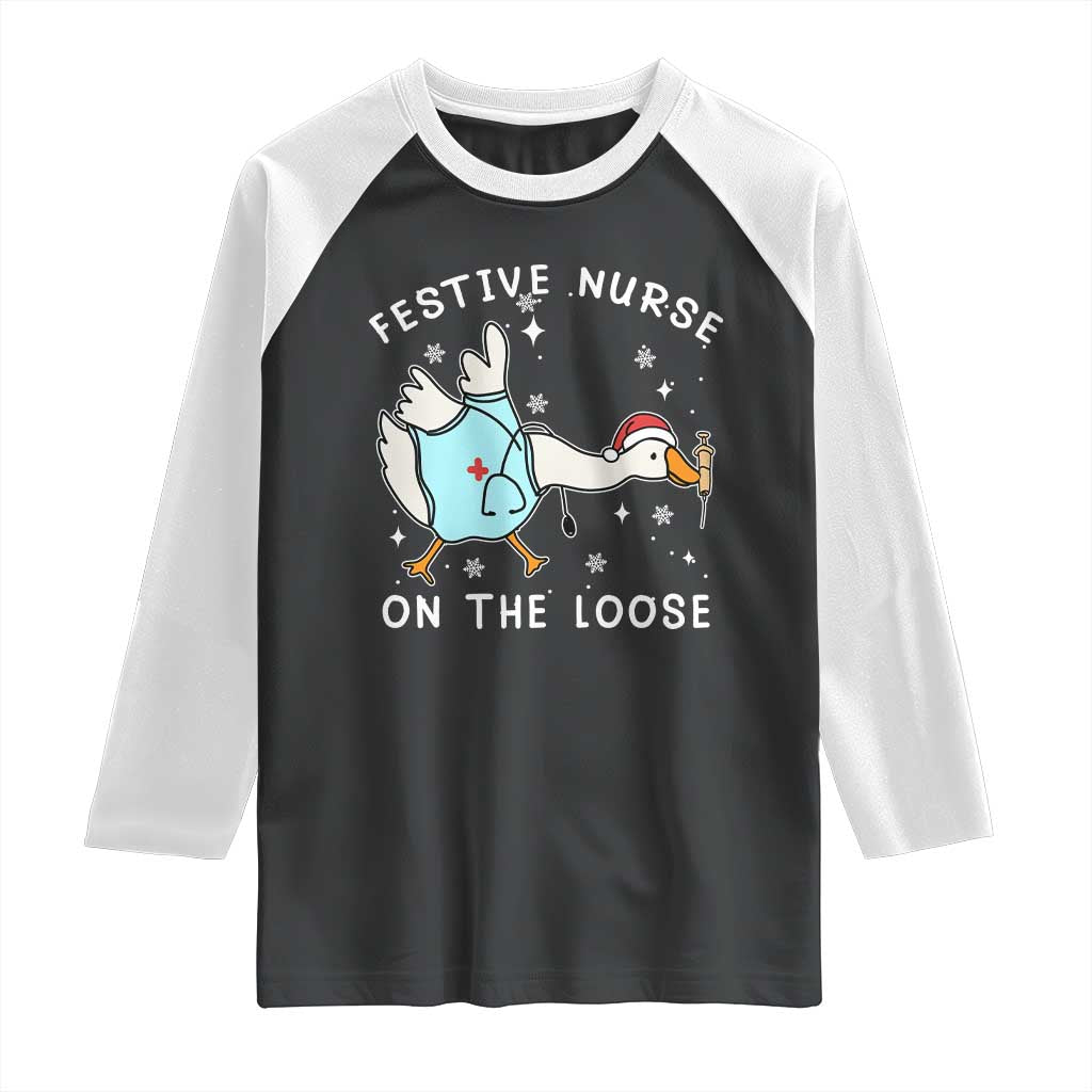 Funny ER Nurse Goose Christmas Raglan Shirt Festive Nurses On The Loose TS14 Black White Print Your Wear