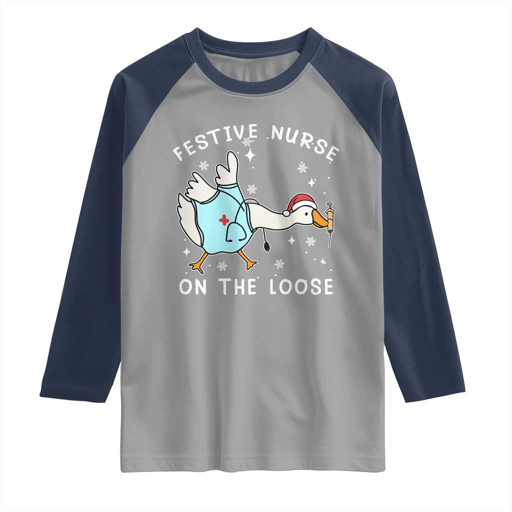 Funny ER Nurse Goose Christmas Raglan Shirt Festive Nurses On The Loose TS14 Sport Gray Navy Print Your Wear