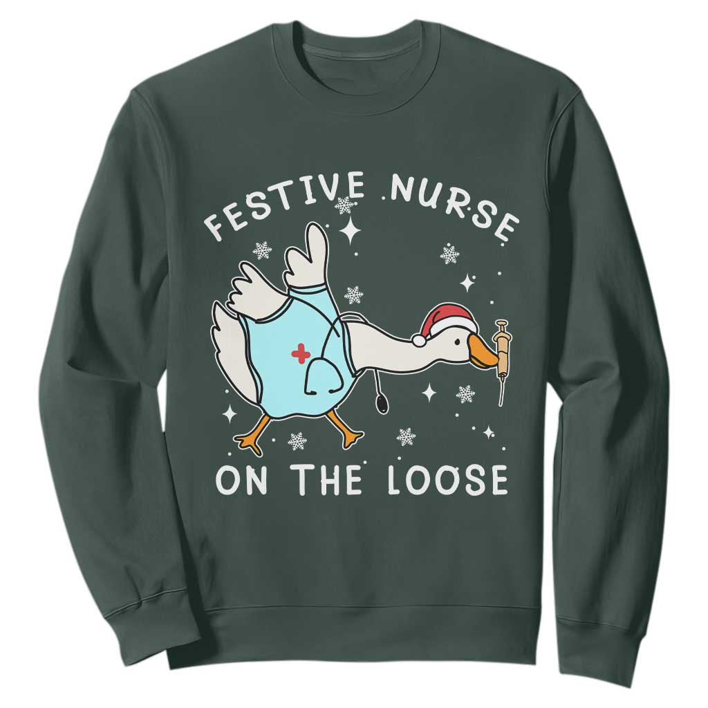 Funny ER Nurse Goose Christmas Sweatshirt Festive Nurses On The Loose TS14 Dark Forest Green Print Your Wear