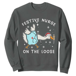 Funny ER Nurse Goose Christmas Sweatshirt Festive Nurses On The Loose TS14 Dark Heather Print Your Wear