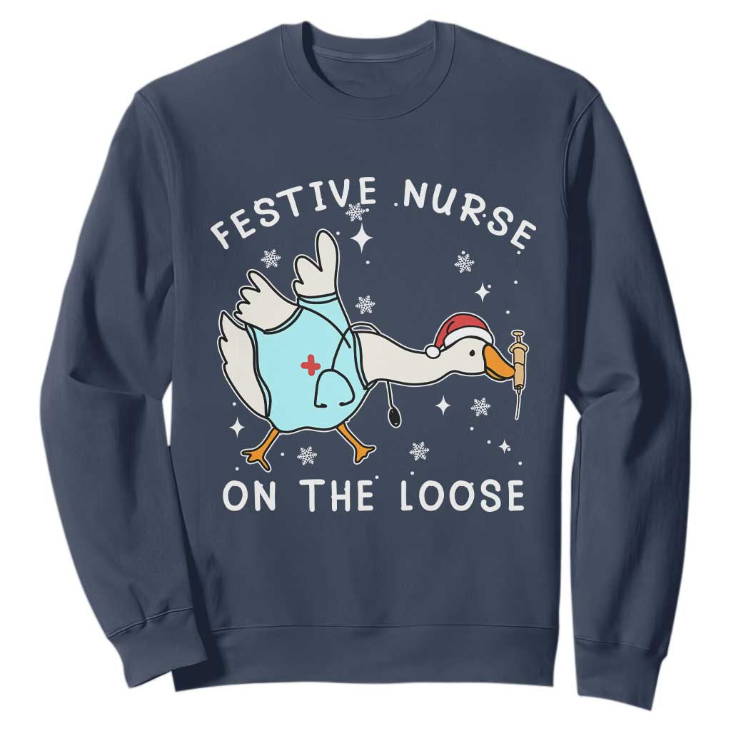 Funny ER Nurse Goose Christmas Sweatshirt Festive Nurses On The Loose TS14 Navy Print Your Wear