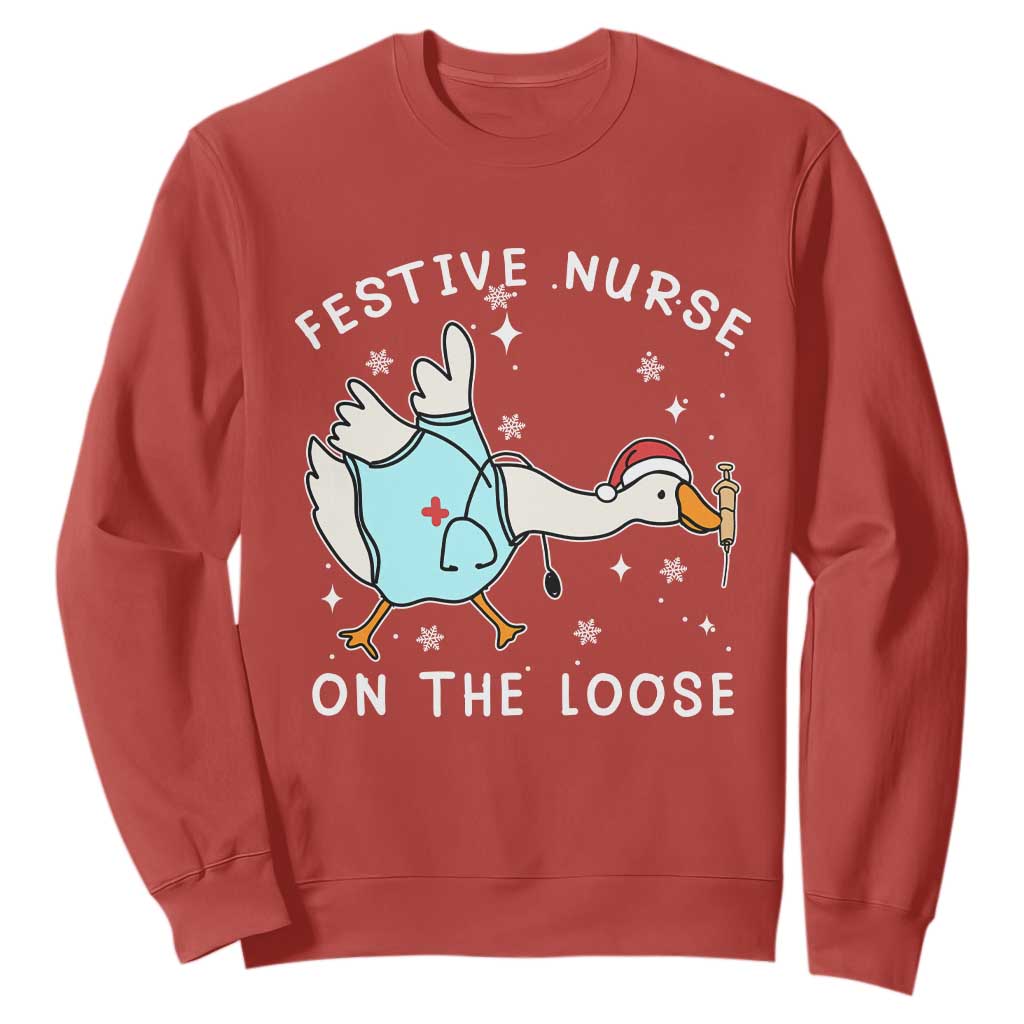 Funny ER Nurse Goose Christmas Sweatshirt Festive Nurses On The Loose TS14 Red Print Your Wear