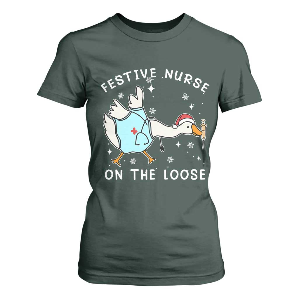 Funny ER Nurse Goose Christmas T Shirt For Women Festive Nurses On The Loose TS14 Dark Forest Green Print Your Wear