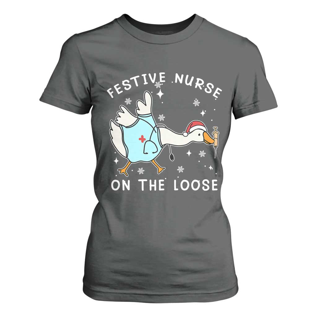 Funny ER Nurse Goose Christmas T Shirt For Women Festive Nurses On The Loose TS14 Dark Heather Print Your Wear