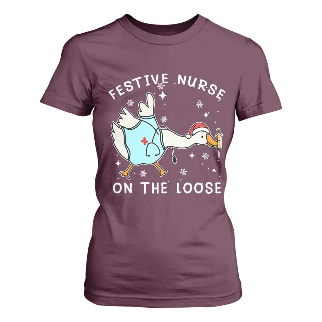 Funny ER Nurse Goose Christmas T Shirt For Women Festive Nurses On The Loose TS14 Maroon Print Your Wear