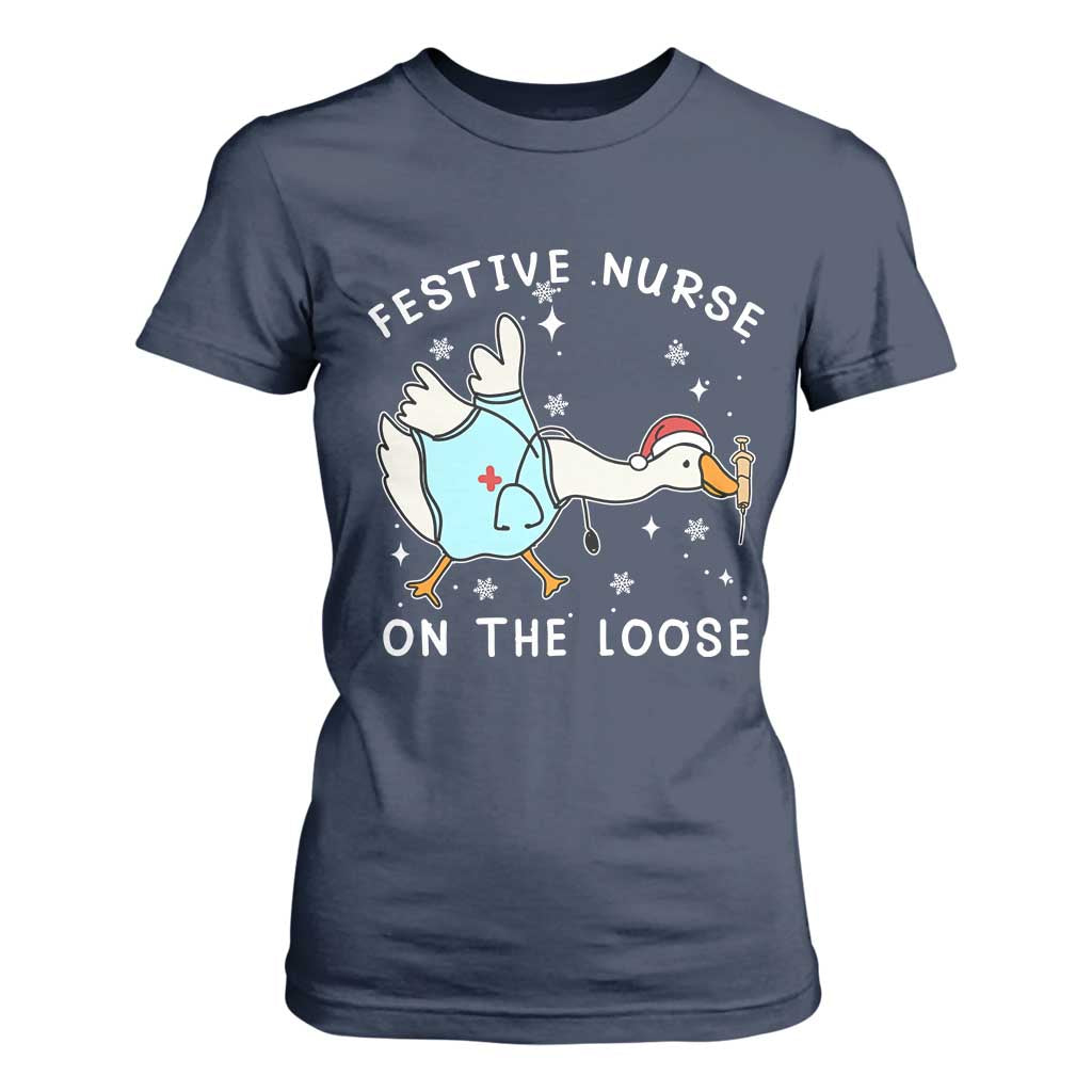 Funny ER Nurse Goose Christmas T Shirt For Women Festive Nurses On The Loose TS14 Navy Print Your Wear