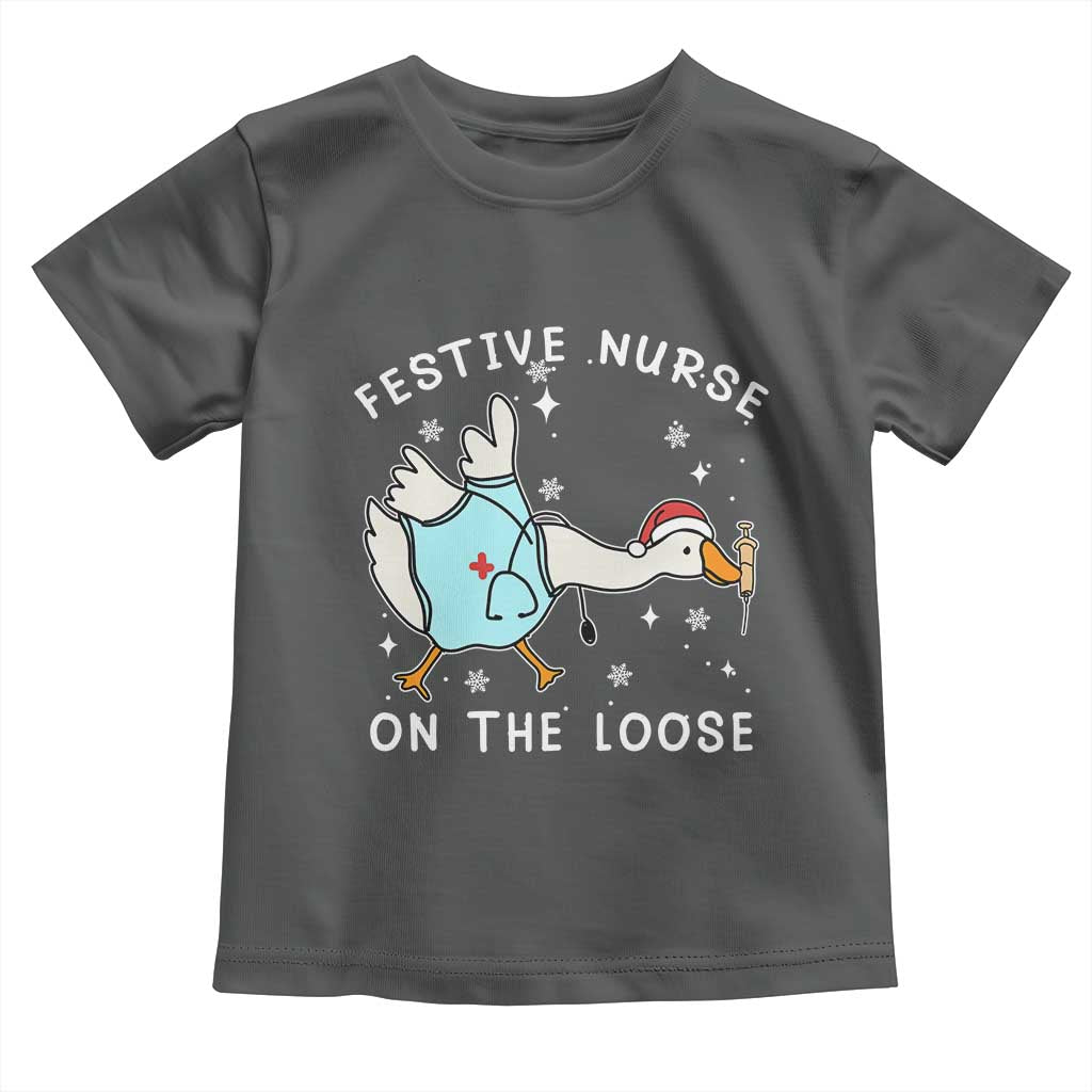 Funny ER Nurse Goose Christmas Toddler T Shirt Festive Nurses On The Loose TS14 Dark Heather Print Your Wear