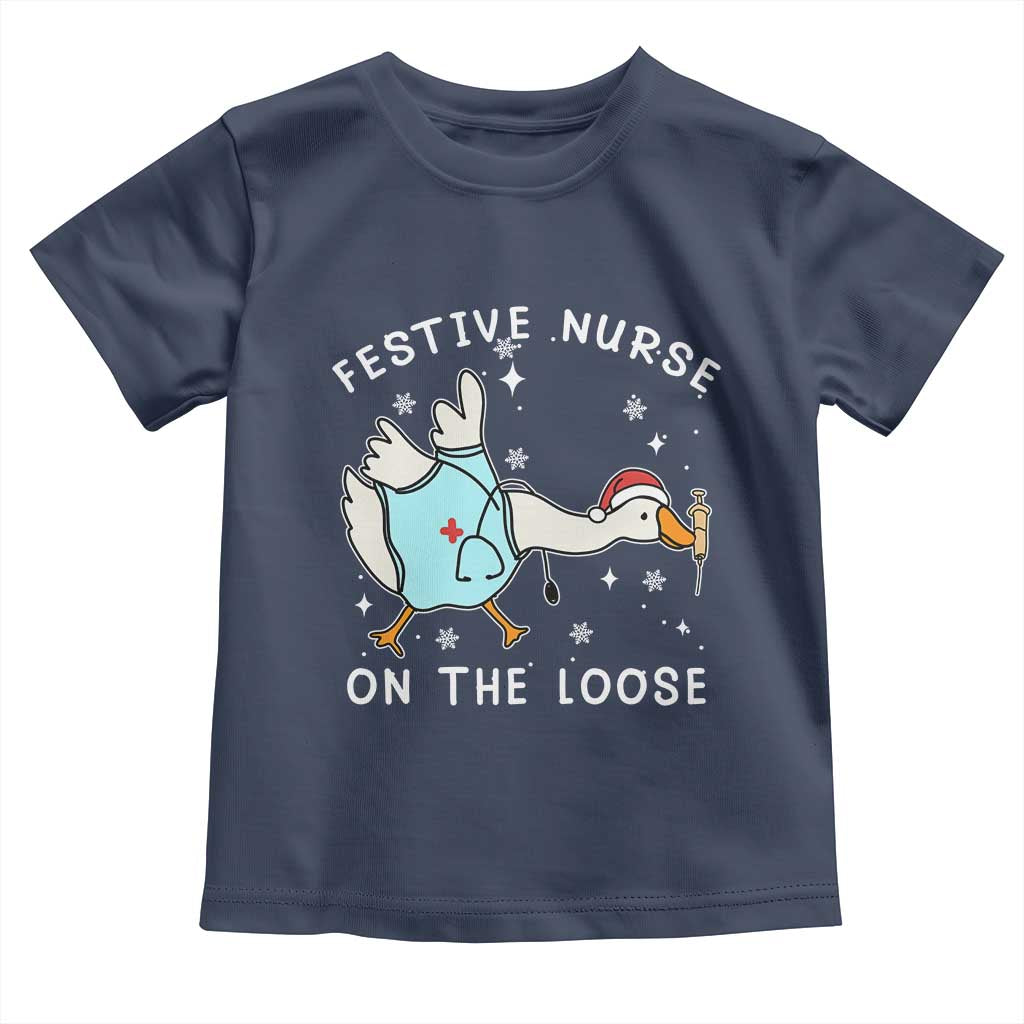 Funny ER Nurse Goose Christmas Toddler T Shirt Festive Nurses On The Loose TS14 Navy Print Your Wear