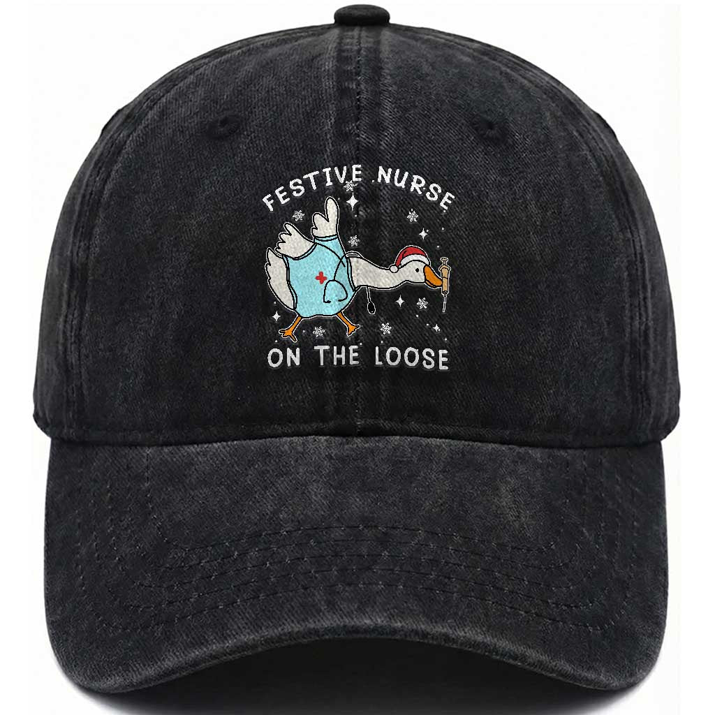Funny ER Nurse Goose Christmas Washed Cotton Baseball Cap Festive Nurses On The Loose TS14 Washed Cap Universal Fit Black Print Your Wear