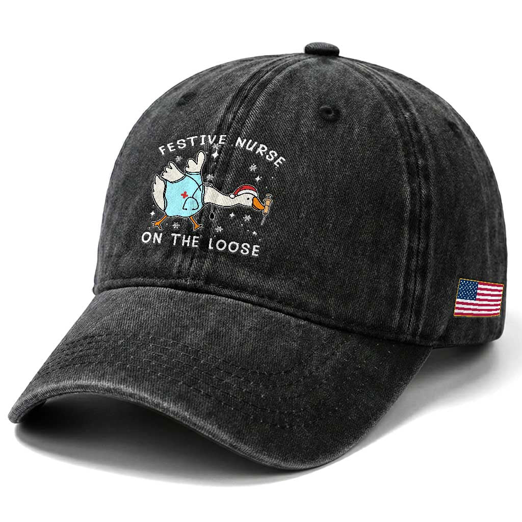 Funny ER Nurse Goose Christmas Washed Cotton Baseball Cap Festive Nurses On The Loose TS14 Print Your Wear