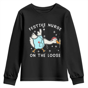 Funny ER Nurse Goose Christmas Youth Sweatshirt Festive Nurses On The Loose TS14 Black Print Your Wear