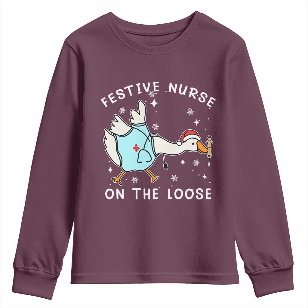 Funny ER Nurse Goose Christmas Youth Sweatshirt Festive Nurses On The Loose TS14 Maroon Print Your Wear