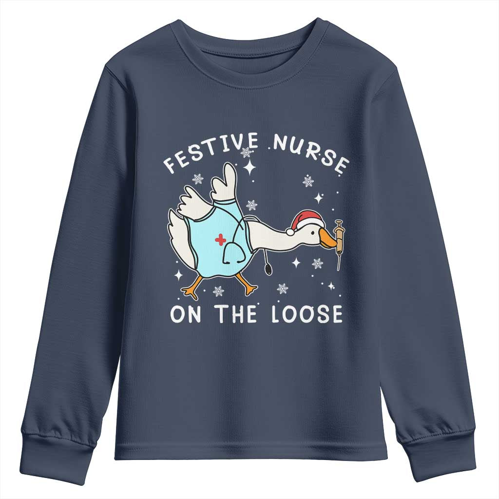 Funny ER Nurse Goose Christmas Youth Sweatshirt Festive Nurses On The Loose TS14 Navy Print Your Wear