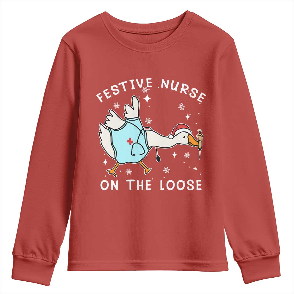 Funny ER Nurse Goose Christmas Youth Sweatshirt Festive Nurses On The Loose TS14 Red Print Your Wear
