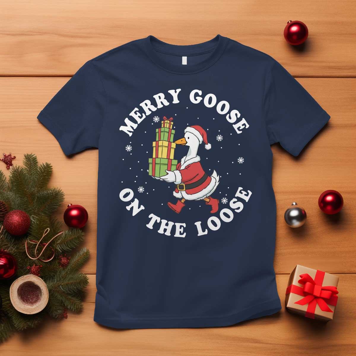 Festive Goose on The Loose T Shirt Funny Goose Christmas Meme TS14 Navy Print Your Wear