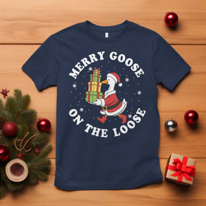 Festive Goose on The Loose T Shirt Funny Goose Christmas Meme TS14 Navy Print Your Wear