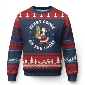 Festive Goose on The Loose Ugly Christmas Sweater Funny Goose Xmas Meme TS14 Navy Red Print Your Wear