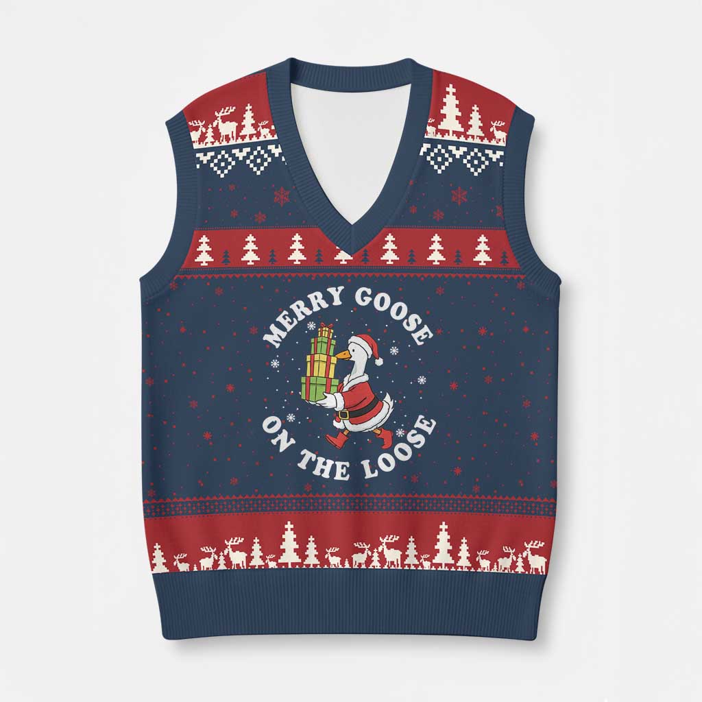 Festive Goose on The Loose V-Neck Knit Sweater Vest Funny Goose Xmas Meme TS14 Navy Red Print Your Wear