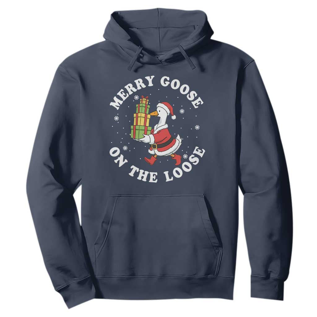 Festive Goose on The Loose Hoodie Funny Goose Christmas Meme TS14 Navy Print Your Wear