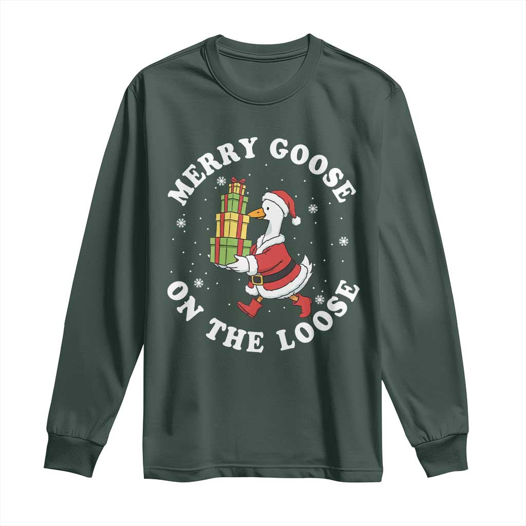 Festive Goose on The Loose Long Sleeve Shirt Funny Goose Christmas Meme TS14 Dark Forest Green Print Your Wear