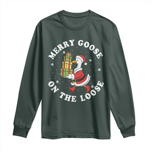 Festive Goose on The Loose Long Sleeve Shirt Funny Goose Christmas Meme TS14 Dark Forest Green Print Your Wear