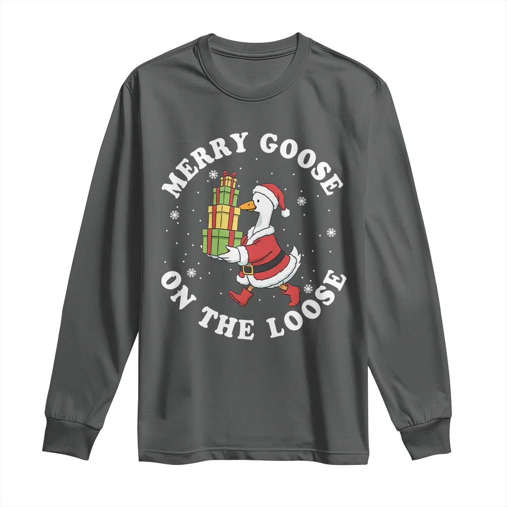 Festive Goose on The Loose Long Sleeve Shirt Funny Goose Christmas Meme TS14 Dark Heather Print Your Wear