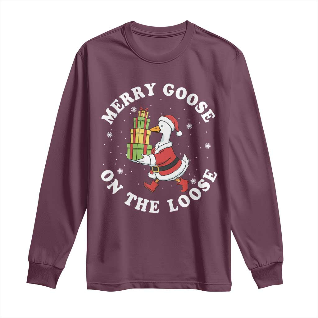 Festive Goose on The Loose Long Sleeve Shirt Funny Goose Christmas Meme TS14 Maroon Print Your Wear