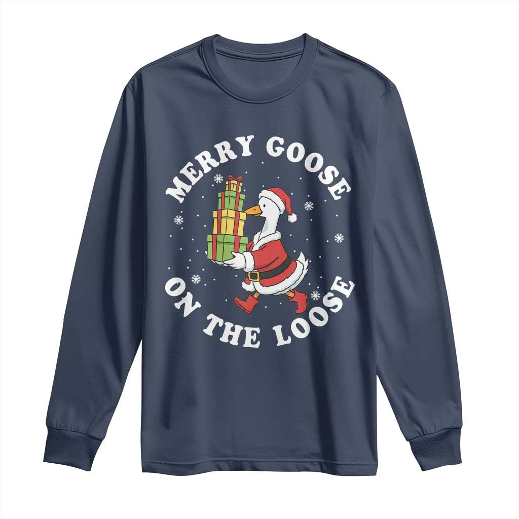 Festive Goose on The Loose Long Sleeve Shirt Funny Goose Christmas Meme TS14 Navy Print Your Wear