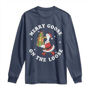 Festive Goose on The Loose Long Sleeve Shirt Funny Goose Christmas Meme TS14 Navy Print Your Wear