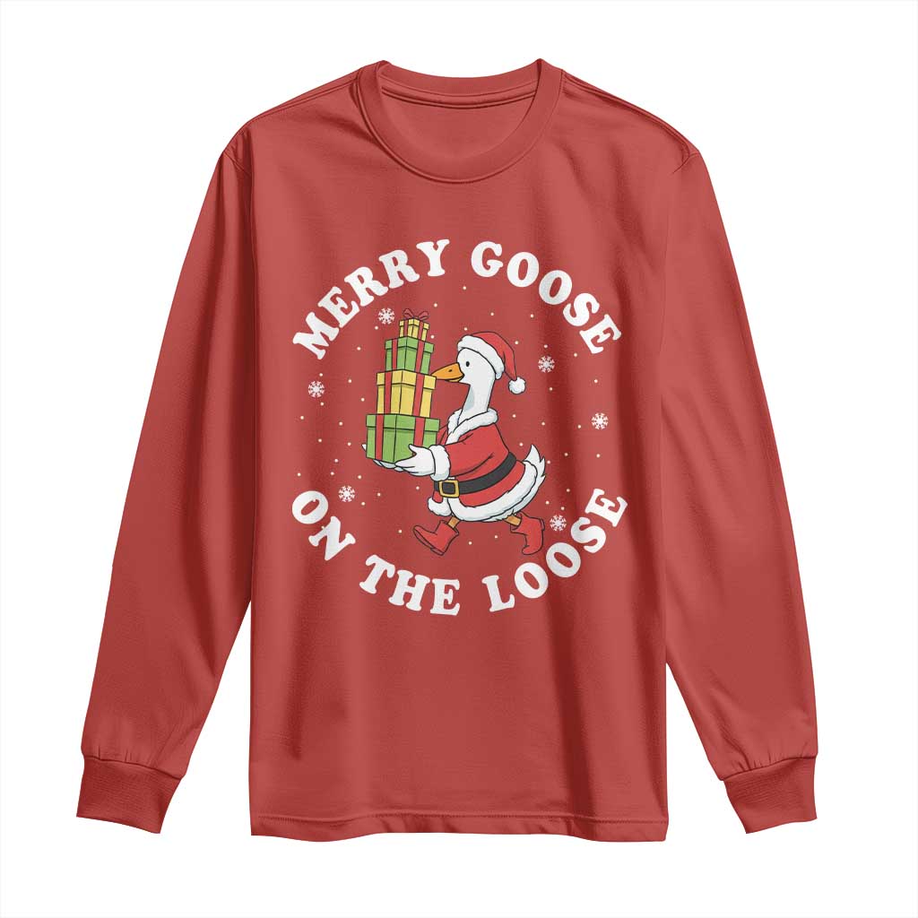 Festive Goose on The Loose Long Sleeve Shirt Funny Goose Christmas Meme TS14 Red Print Your Wear