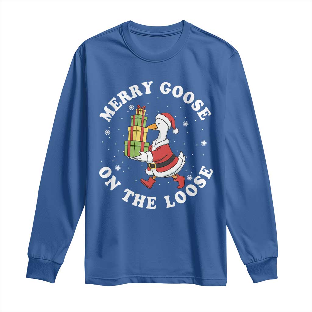 Festive Goose on The Loose Long Sleeve Shirt Funny Goose Christmas Meme TS14 Royal Blue Print Your Wear