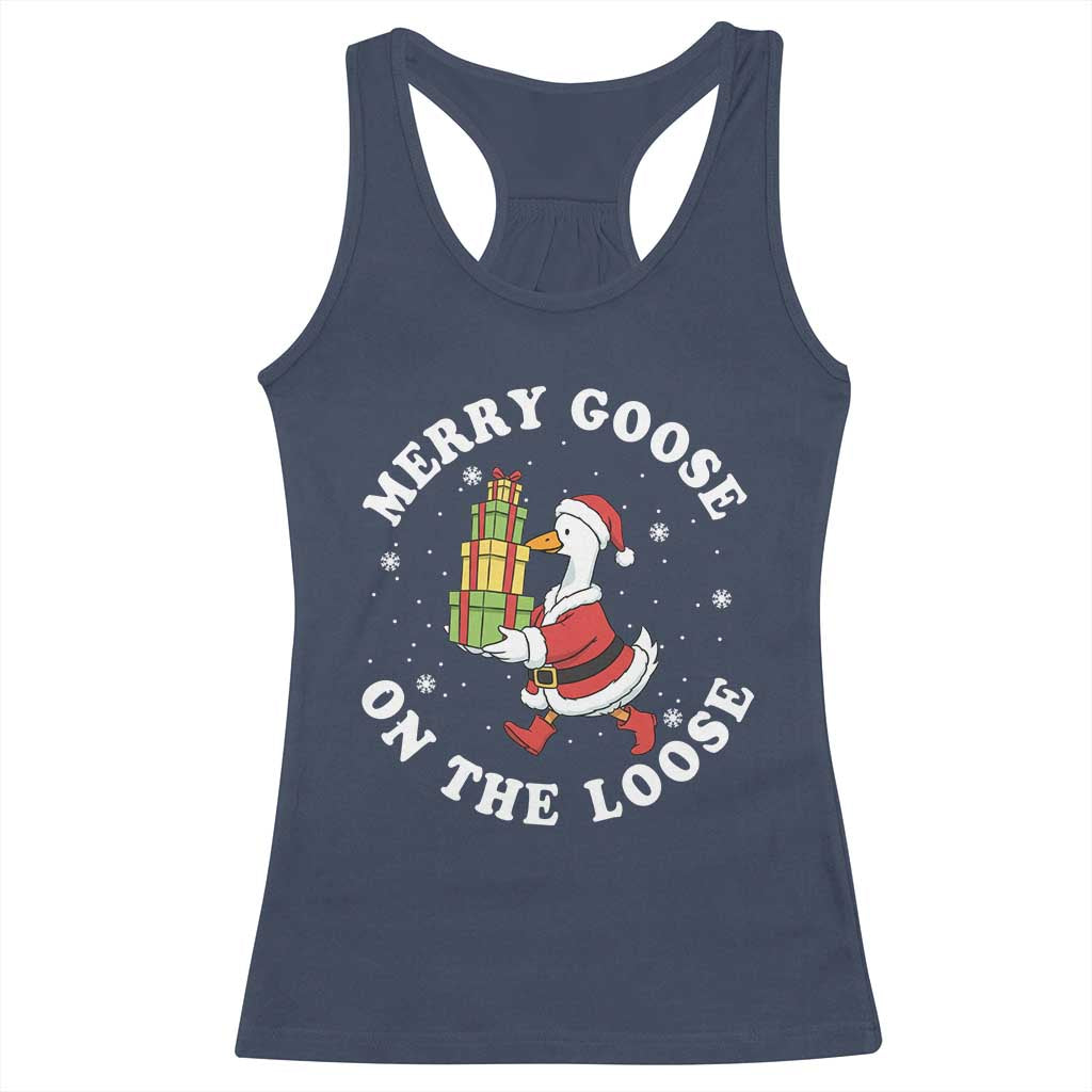 Festive Goose on The Loose Racerback Tank Top Funny Goose Christmas Meme TS14 Navy Print Your Wear