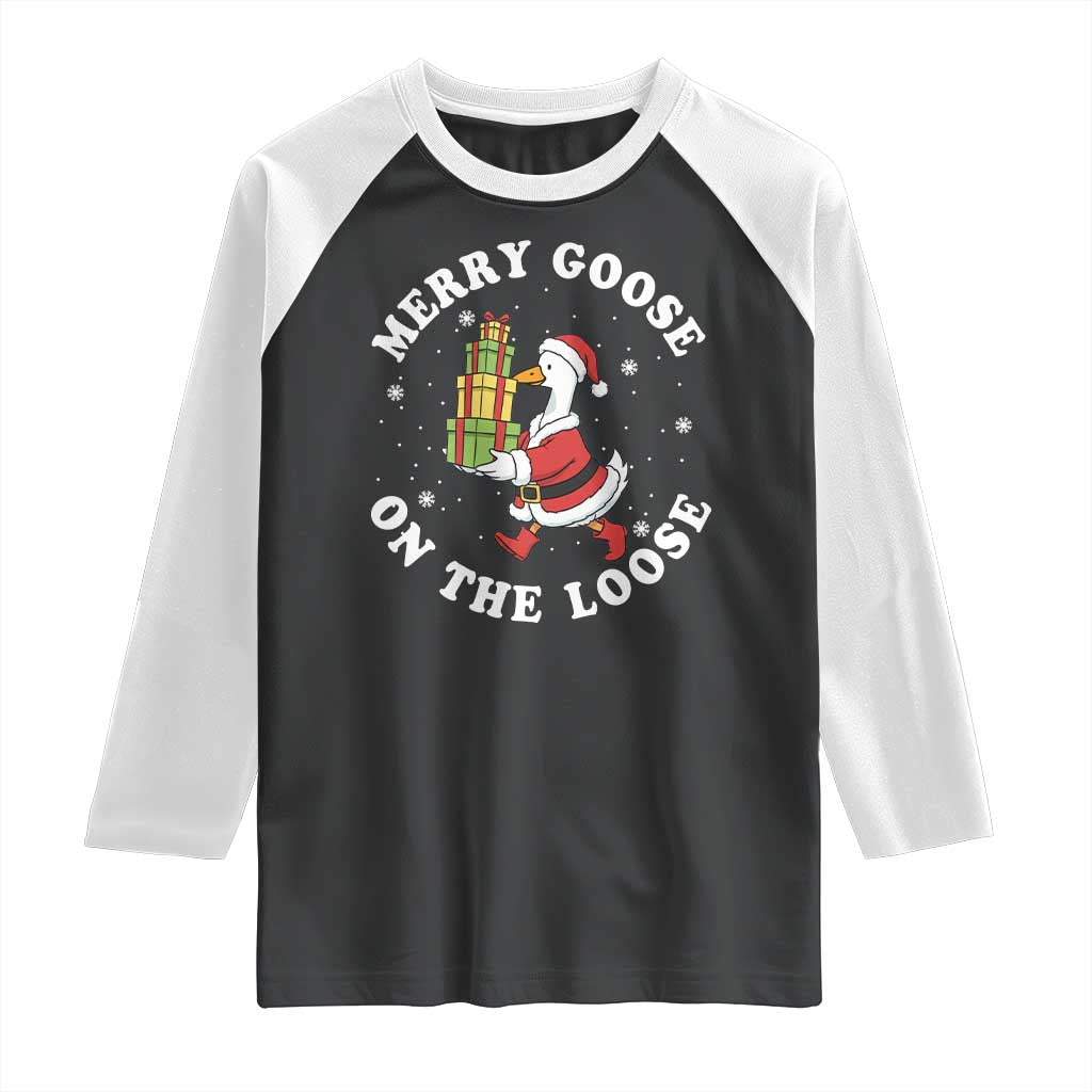 Festive Goose on The Loose Raglan Shirt Funny Goose Christmas Meme TS14 Black White Print Your Wear