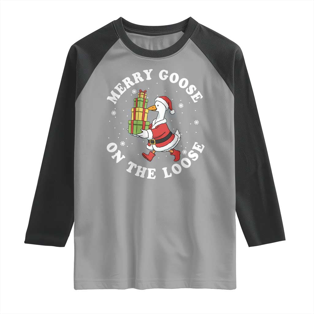 Festive Goose on The Loose Raglan Shirt Funny Goose Christmas Meme TS14 Sport Gray Black Print Your Wear