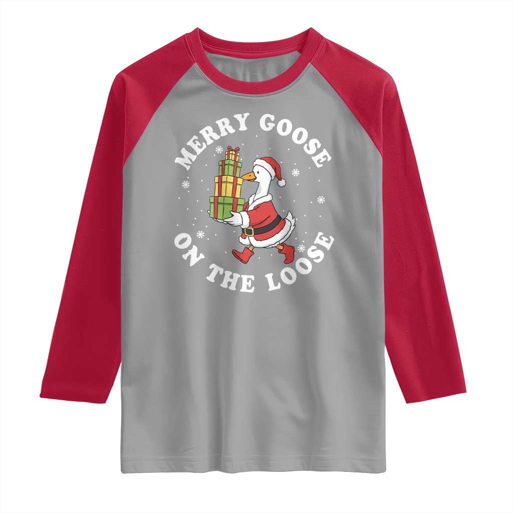 Festive Goose on The Loose Raglan Shirt Funny Goose Christmas Meme TS14 Sport Gray Red Print Your Wear