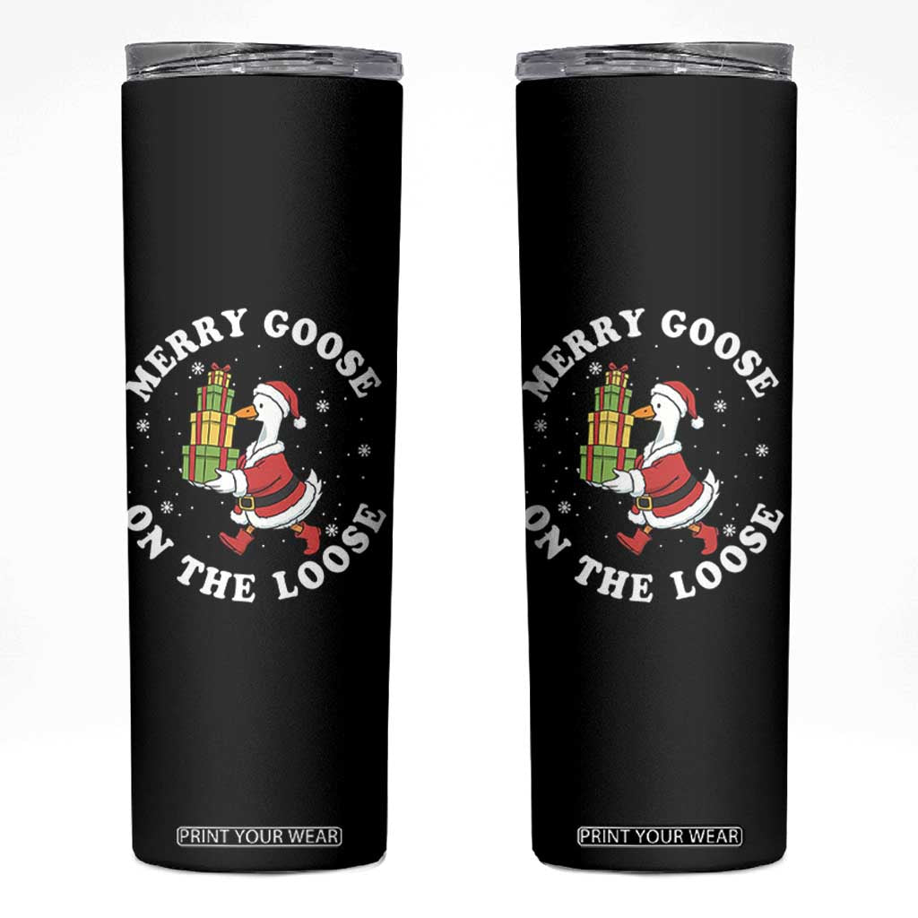 Festive Goose on The Loose Skinny Tumbler Funny Goose Christmas Meme TS14 Black Print Your Wear