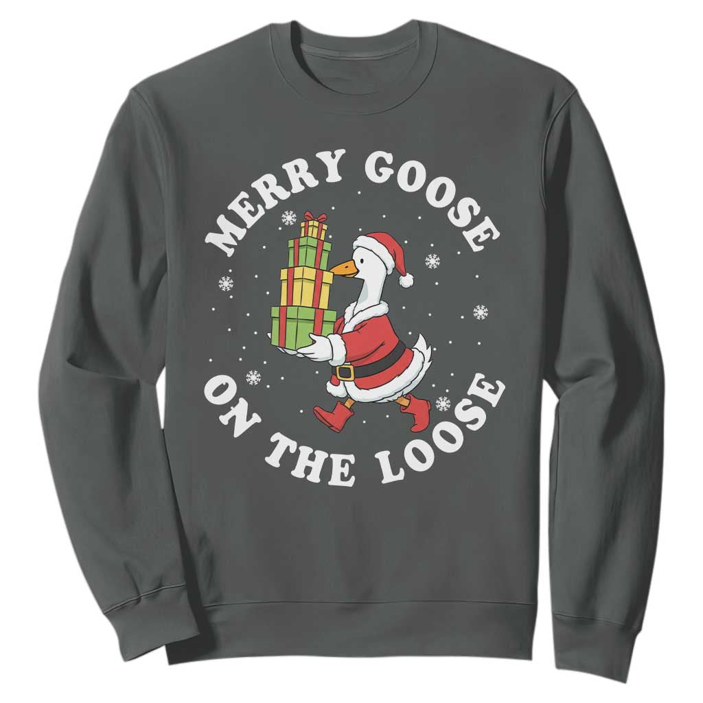 Festive Goose on The Loose Sweatshirt Funny Goose Christmas Meme TS14 Dark Heather Print Your Wear