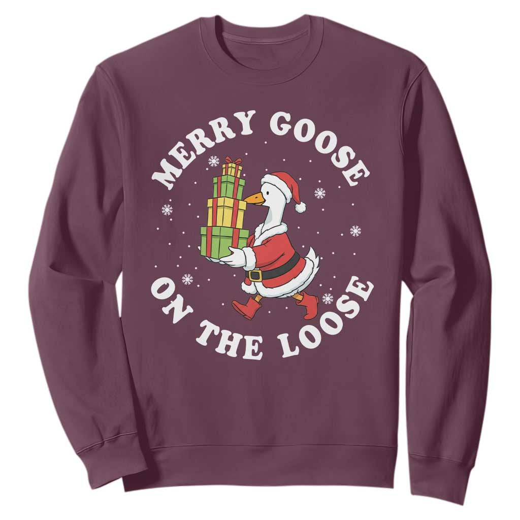 Festive Goose on The Loose Sweatshirt Funny Goose Christmas Meme TS14 Maroon Print Your Wear