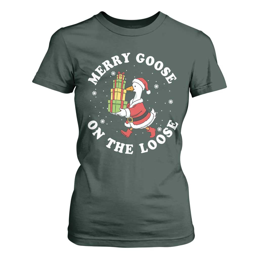 Festive Goose on The Loose T Shirt For Women Funny Goose Christmas Meme TS14 Dark Forest Green Print Your Wear