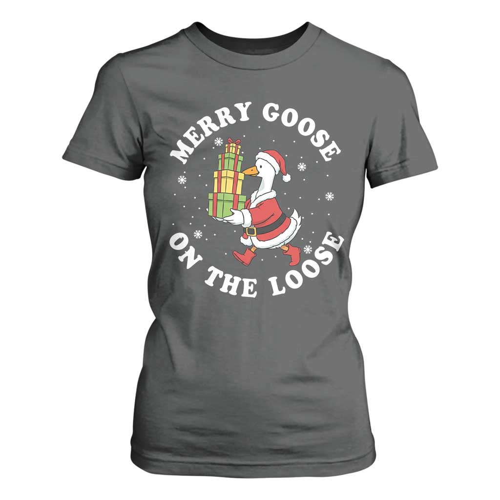 Festive Goose on The Loose T Shirt For Women Funny Goose Christmas Meme TS14 Dark Heather Print Your Wear