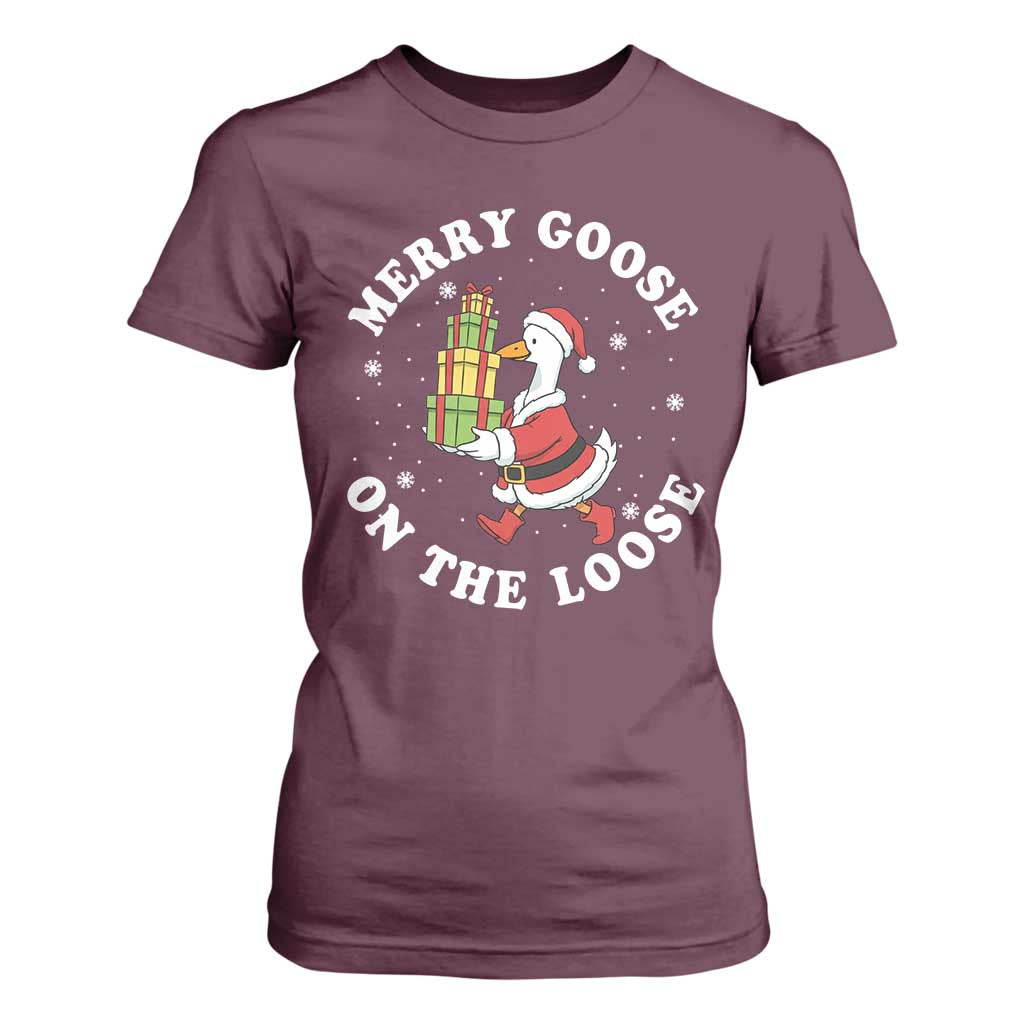 Festive Goose on The Loose T Shirt For Women Funny Goose Christmas Meme TS14 Maroon Print Your Wear