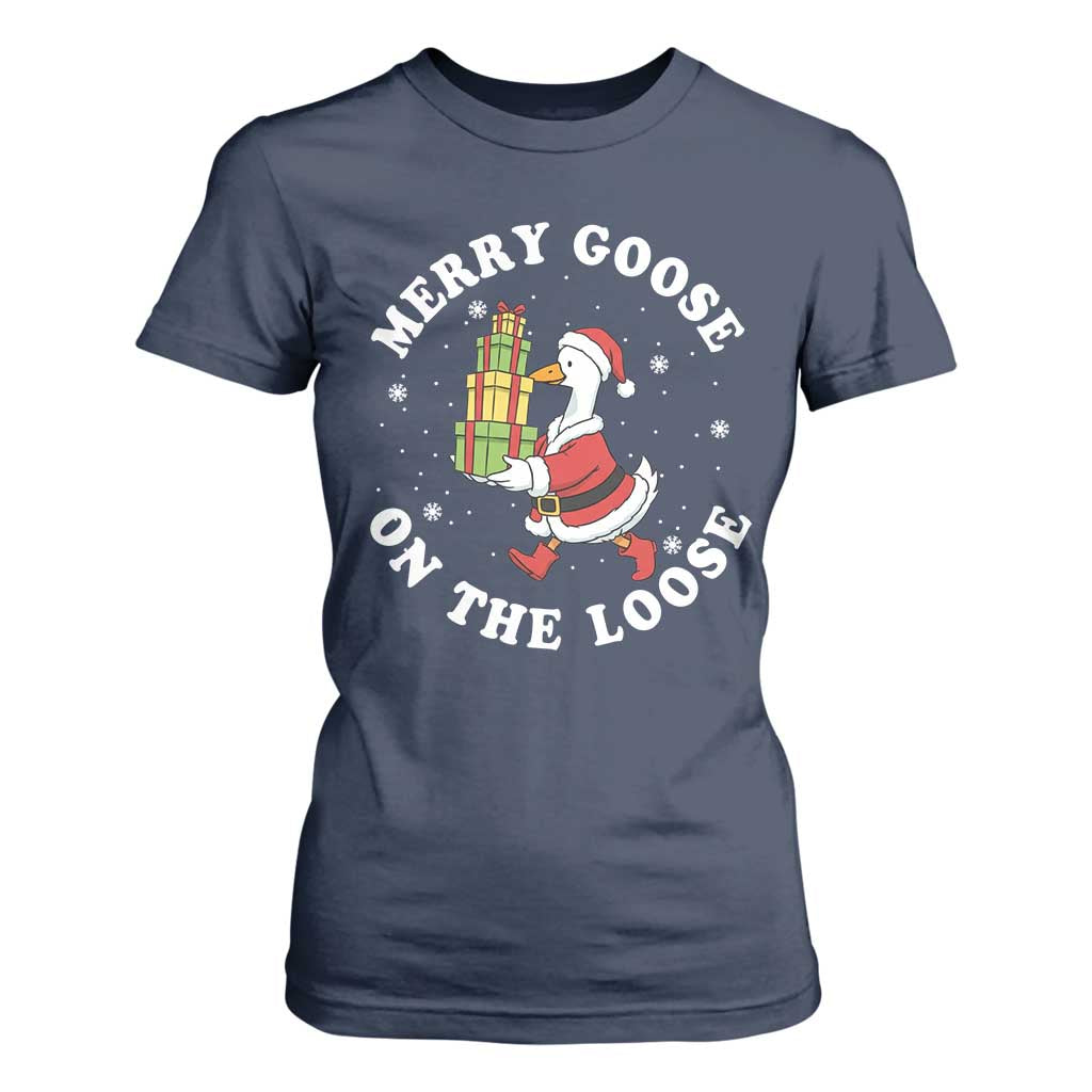 Festive Goose on The Loose T Shirt For Women Funny Goose Christmas Meme TS14 Navy Print Your Wear