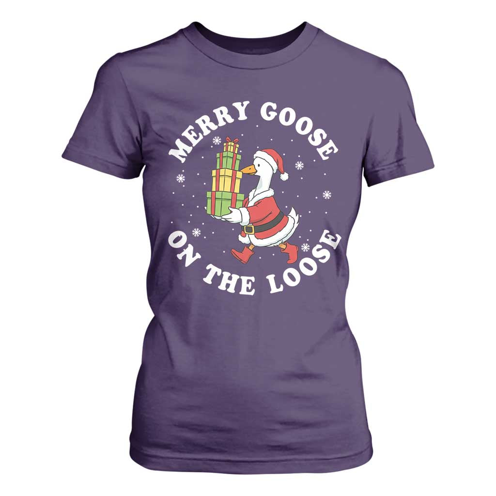 Festive Goose on The Loose T Shirt For Women Funny Goose Christmas Meme TS14 Purple Print Your Wear