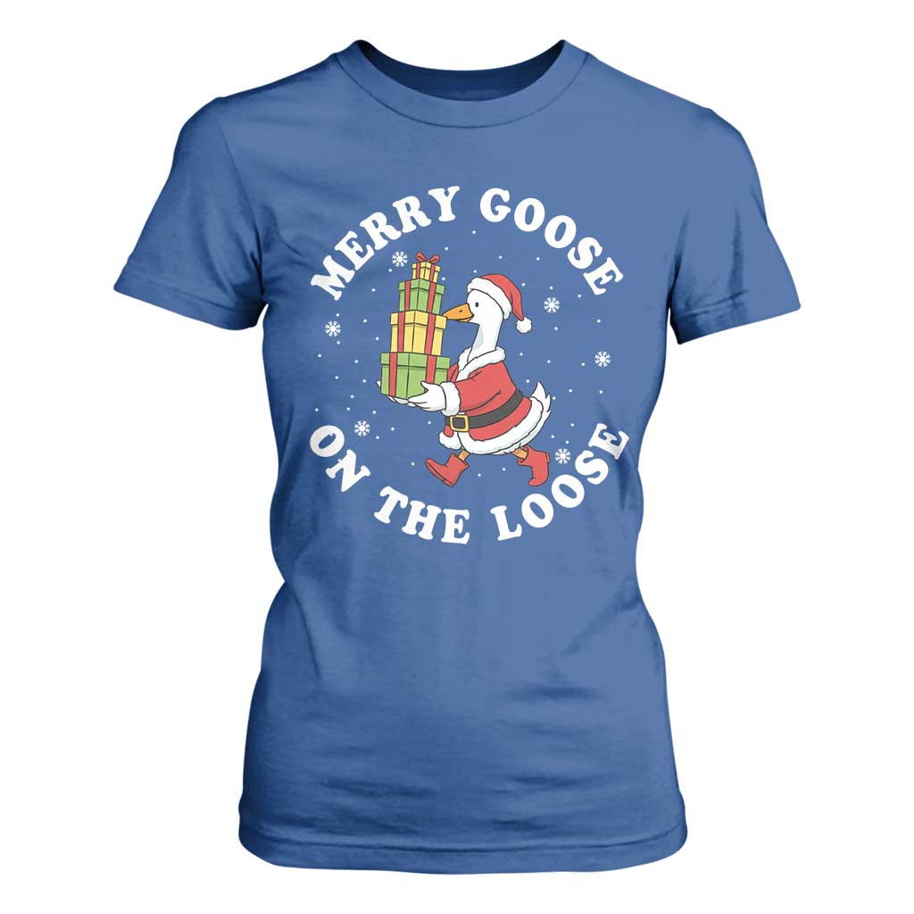 Festive Goose on The Loose T Shirt For Women Funny Goose Christmas Meme TS14 Royal Blue Print Your Wear