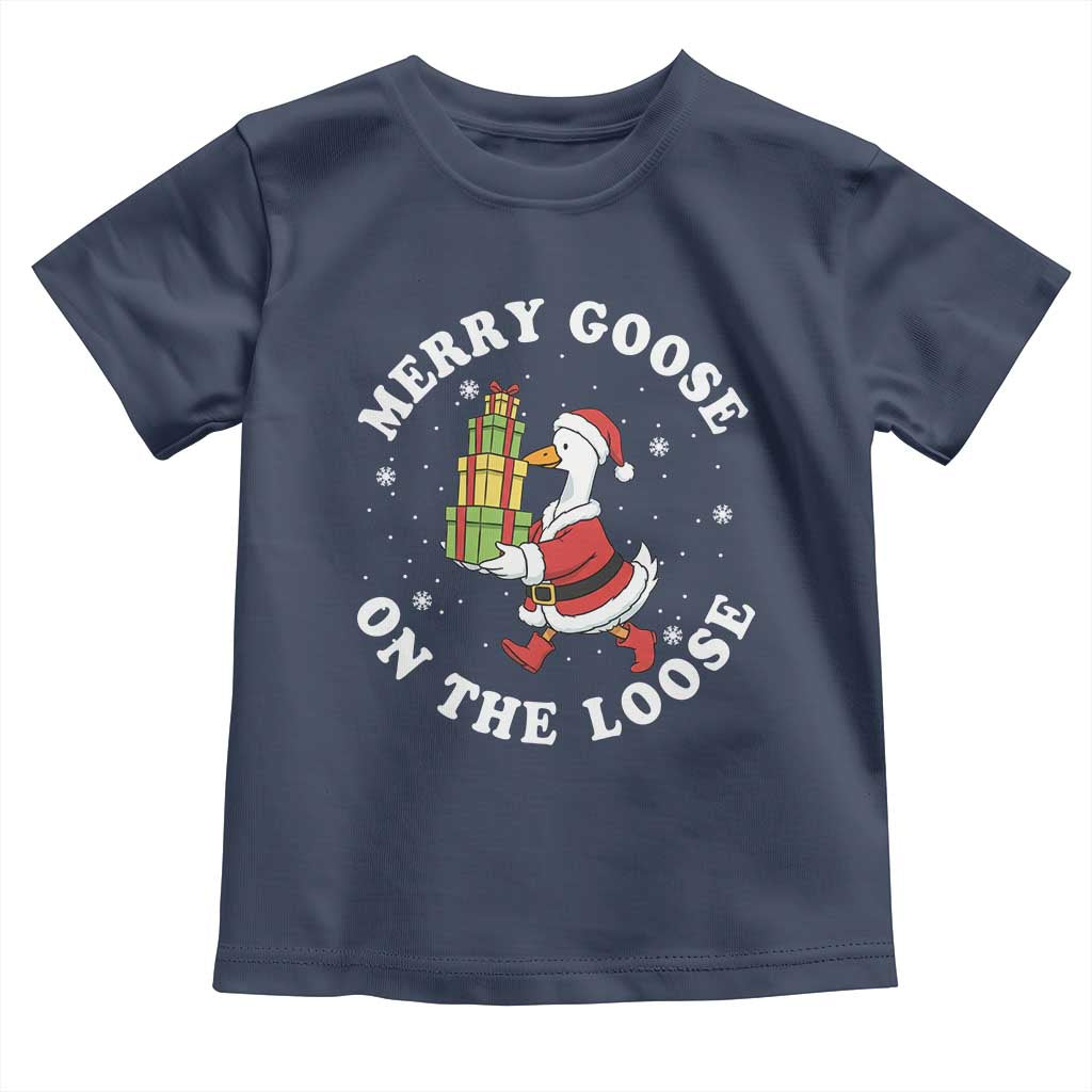Festive Goose on The Loose Toddler T Shirt Funny Goose Christmas Meme TS14 Navy Print Your Wear