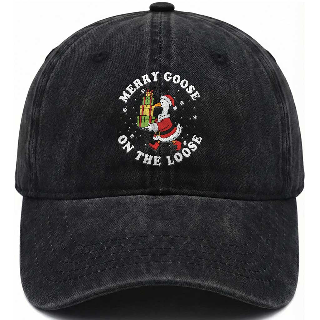 Festive Goose on The Loose Washed Cotton Baseball Cap Funny Goose Christmas Meme TS14 Washed Cap Universal Fit Black Print Your Wear